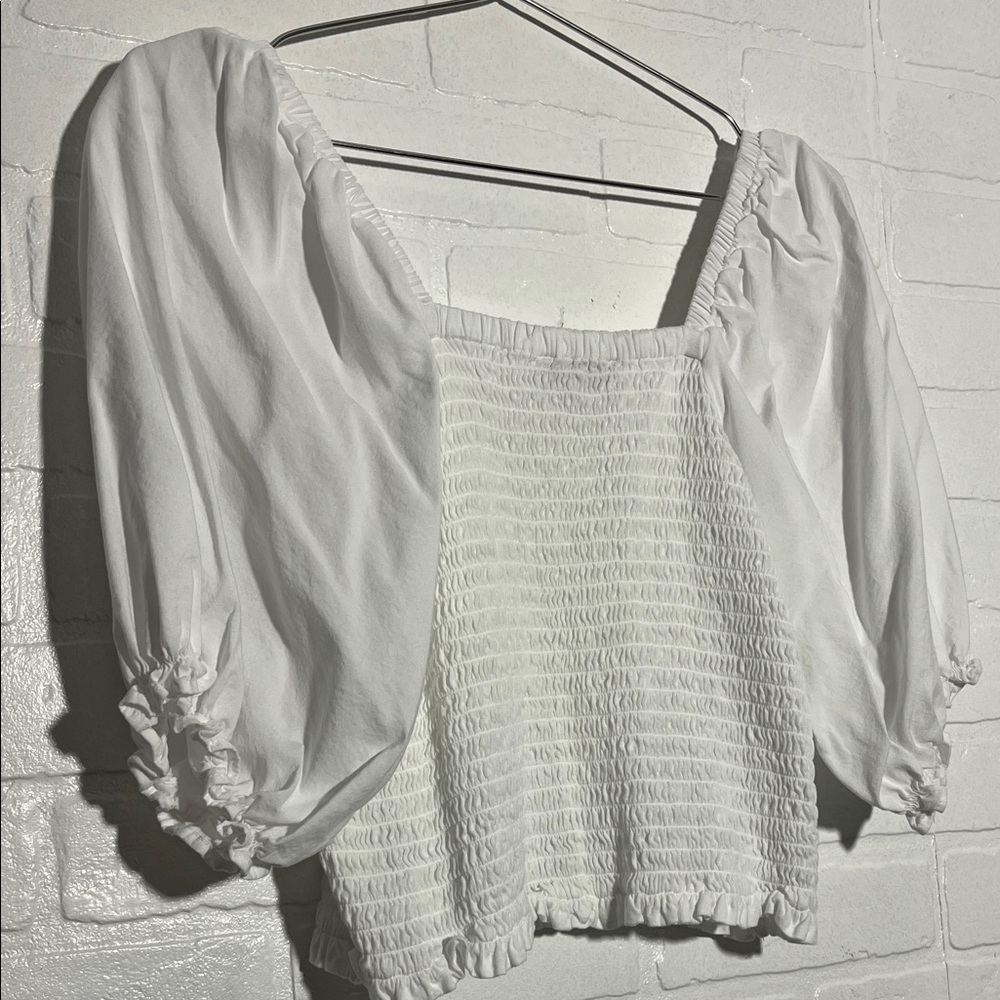 LOFT Womens White Smocked Puff Sleeve Crop Top Large - Picture 5 of 7